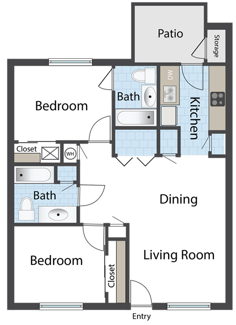 Floor plan for 2 beds, 2 baths, 942 sqft